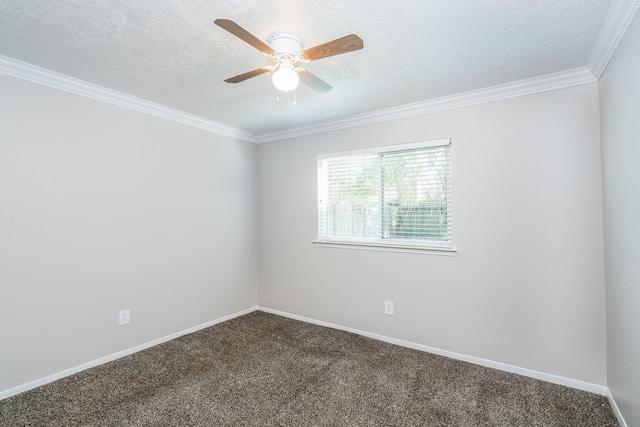 carpeted spare room with ceiling fan, crown molding, and a textured ceiling