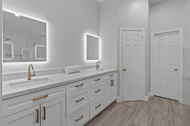 bathroom with hardwood / wood-style floors and vanity