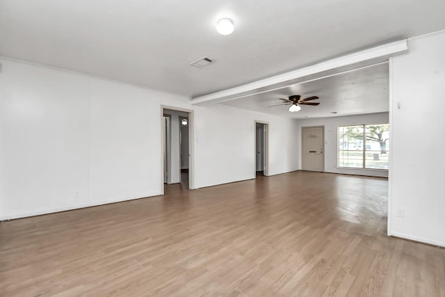 unfurnished room with ceiling fan and light wood-type flooring