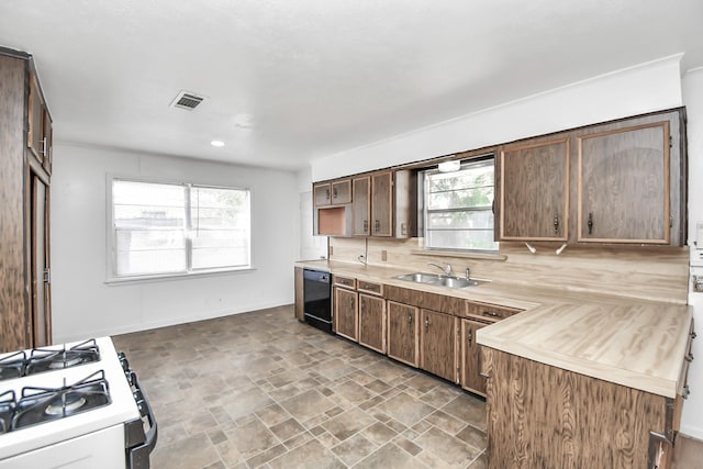 kitchen with backsplash, dishwasher, sink, and gas range gas stove