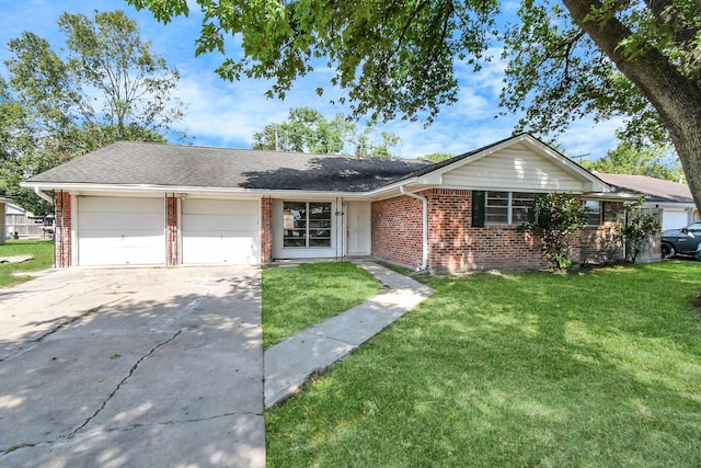 ranch-style home with a front yard and a garage