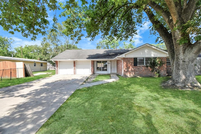 single story home with a front lawn and a garage