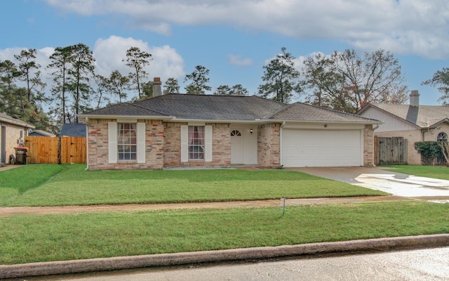 single story home featuring a front lawn and a garage