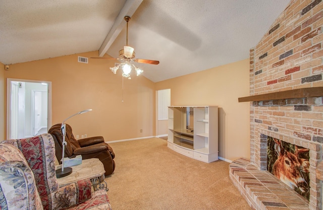 living room featuring carpet flooring, a textured ceiling, vaulted ceiling with beams, and ceiling fan