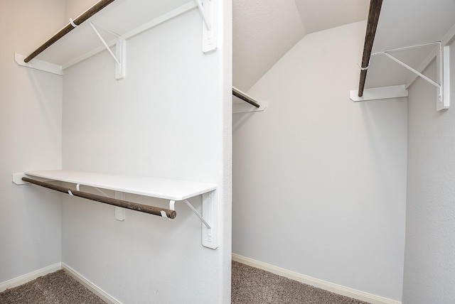 walk in closet featuring carpet floors and vaulted ceiling