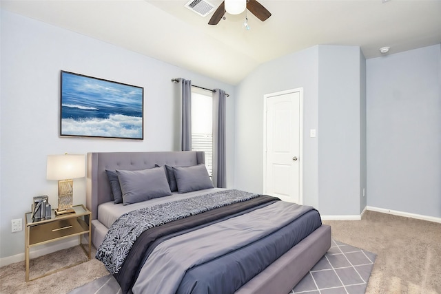 bedroom with carpet flooring, ceiling fan, and lofted ceiling