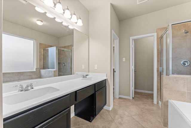 bathroom featuring vanity, tile patterned floors, and independent shower and bath