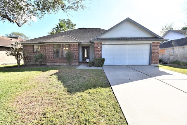 ranch-style home featuring a front yard and a garage