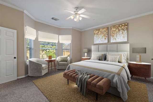 carpeted bedroom featuring ceiling fan and ornamental molding