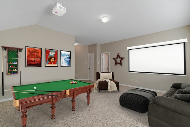 playroom with carpet, lofted ceiling, and billiards