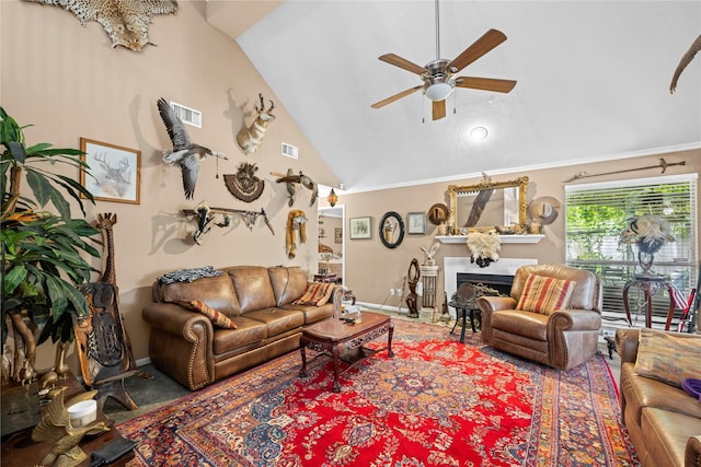 living room featuring high vaulted ceiling and ceiling fan