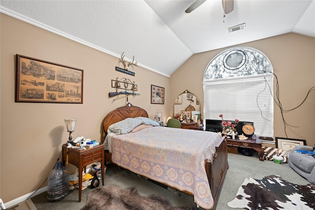 carpeted bedroom featuring ceiling fan and lofted ceiling