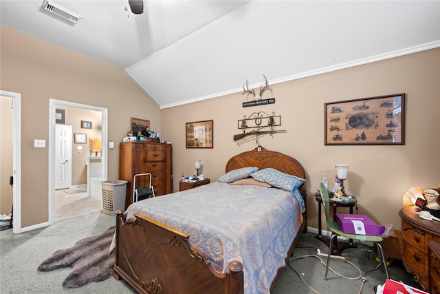 bedroom with carpet, ceiling fan, and vaulted ceiling