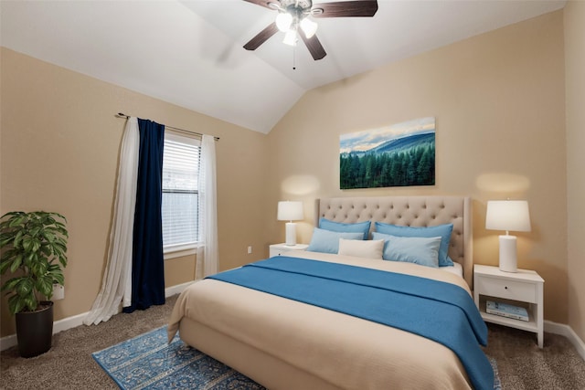 bedroom featuring ceiling fan, carpet floors, and vaulted ceiling