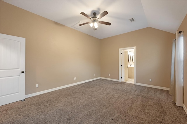 unfurnished bedroom with carpet flooring, ensuite bathroom, ceiling fan, and lofted ceiling