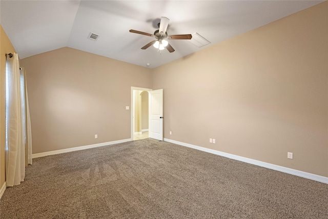 unfurnished bedroom featuring ceiling fan, carpet floors, and vaulted ceiling