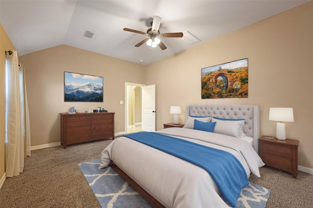 carpeted bedroom featuring vaulted ceiling and ceiling fan