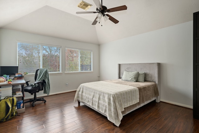 bedroom featuring ceiling fan, dark hardwood / wood-style flooring, lofted ceiling, and multiple windows