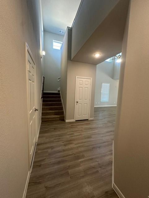 corridor featuring dark hardwood / wood-style flooring and a high ceiling