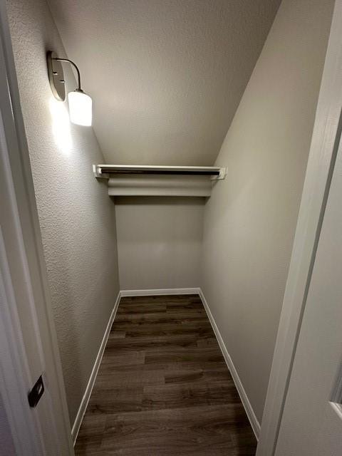 walk in closet with vaulted ceiling and dark wood-type flooring