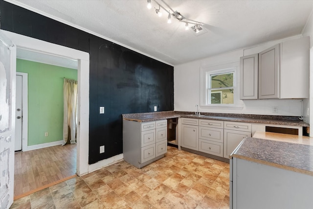 kitchen with gray cabinetry, sink, a textured ceiling, and light hardwood / wood-style flooring