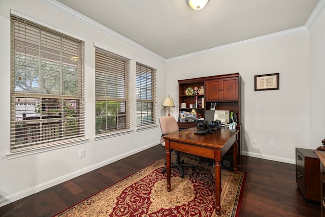 home office with dark hardwood / wood-style flooring and crown molding