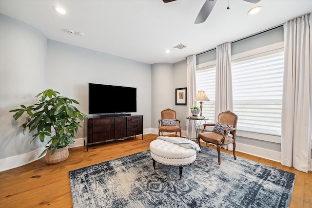 living room featuring ceiling fan and wood-type flooring