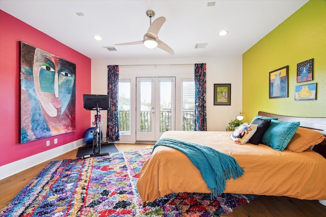 bedroom featuring ceiling fan, wood-type flooring, access to outside, and french doors