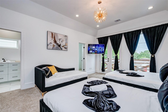 carpeted bedroom featuring an inviting chandelier, access to exterior, and multiple windows