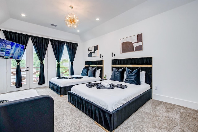 carpeted bedroom with access to exterior, french doors, lofted ceiling, and a notable chandelier