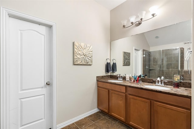 bathroom featuring vanity, tile patterned floors, a shower with door, and lofted ceiling