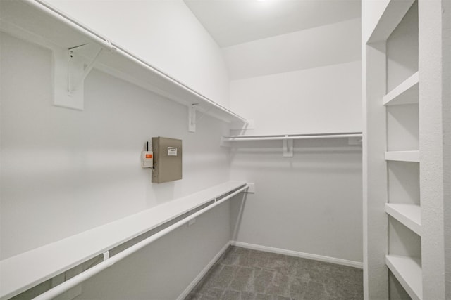 spacious closet with dark colored carpet