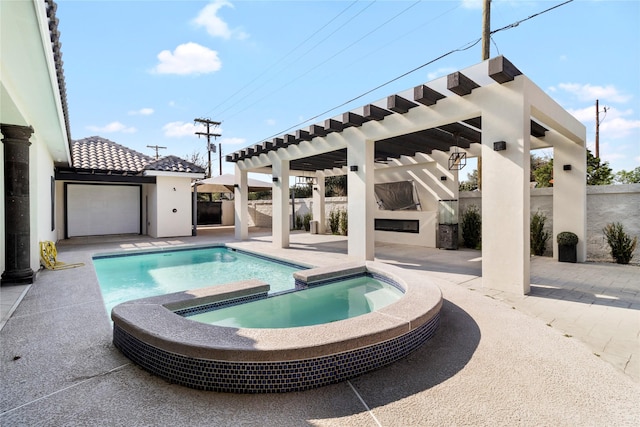 view of pool featuring a patio area and an outdoor fireplace