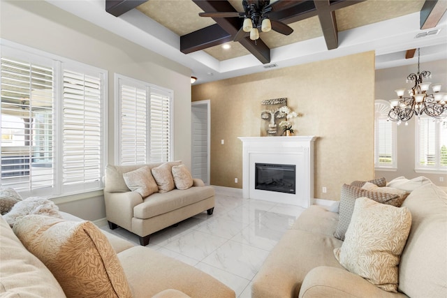 living room featuring beam ceiling, a wealth of natural light, and coffered ceiling