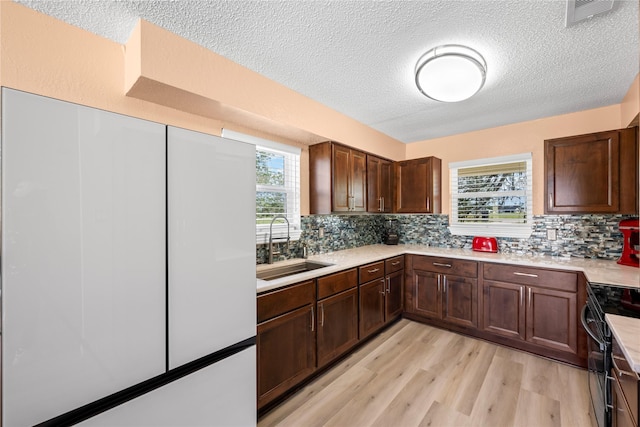 kitchen with decorative backsplash, light hardwood / wood-style flooring, range with electric stovetop, and sink