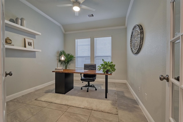 office space with ceiling fan, light tile patterned flooring, lofted ceiling, and crown molding