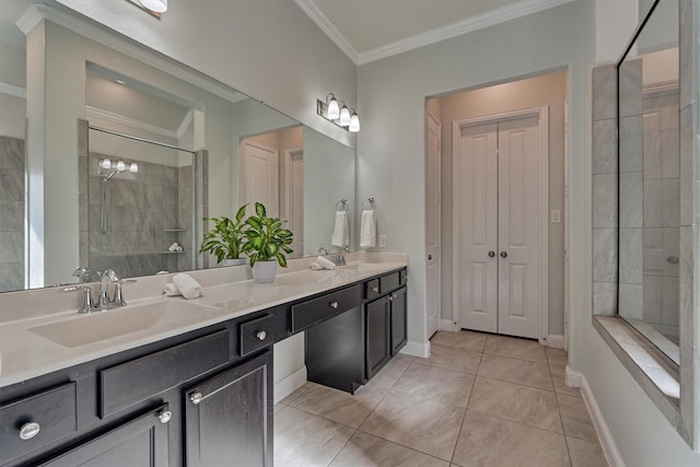 bathroom featuring crown molding, tile patterned flooring, vanity, and a shower with shower door