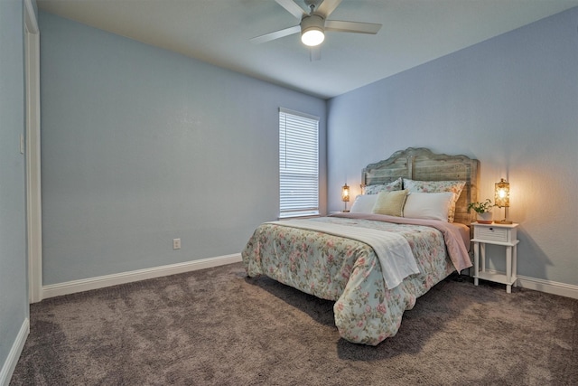 bedroom with ceiling fan and dark carpet