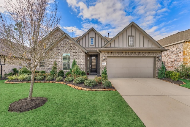 tudor-style house with a garage and a front lawn