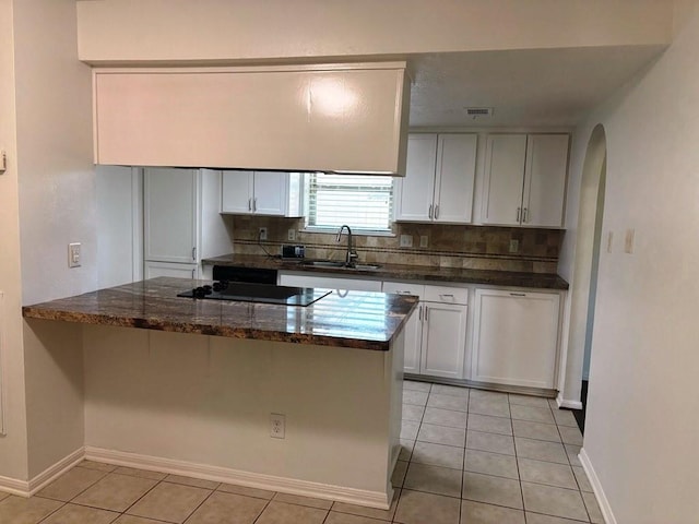 kitchen featuring kitchen peninsula, white cabinetry, sink, and dark stone counters