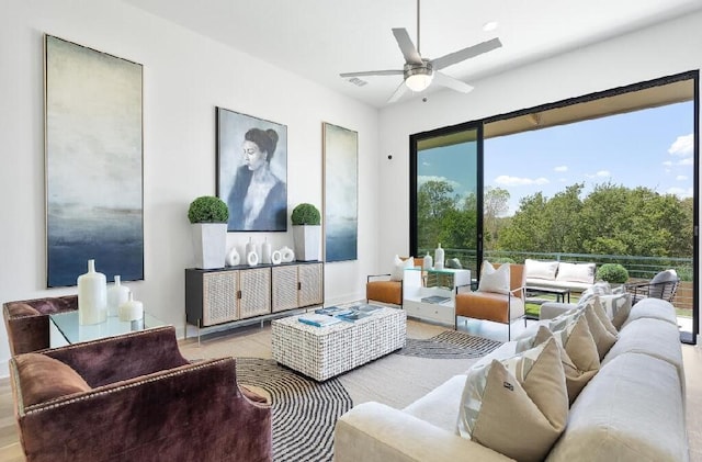 living room with ceiling fan