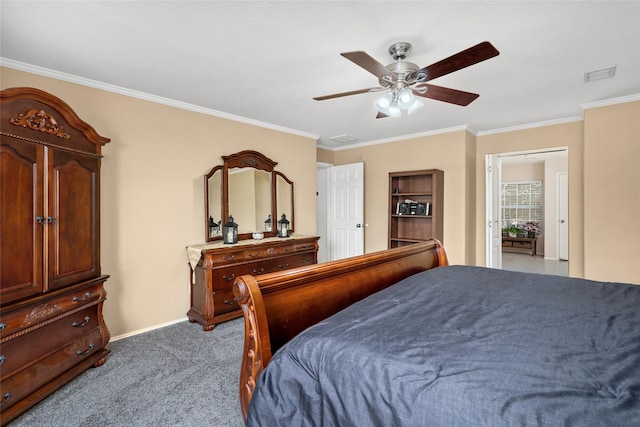 bedroom featuring ceiling fan, crown molding, and light carpet