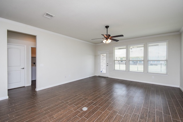 unfurnished room featuring ceiling fan, dark hardwood / wood-style floors, and ornamental molding