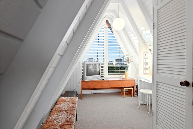 interior space featuring carpet and vaulted ceiling