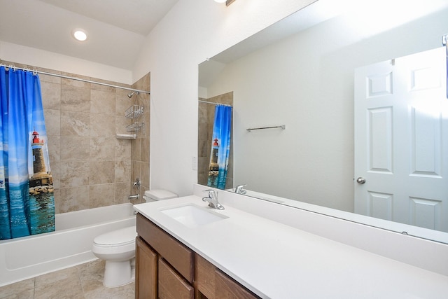 bathroom featuring vanity, tile patterned flooring, shower / bath combination with curtain, and toilet