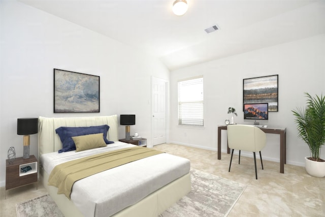 bedroom with carpet floors, visible vents, vaulted ceiling, and baseboards