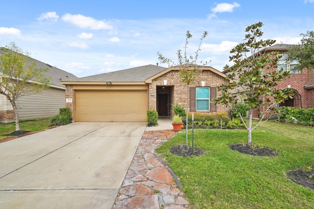 ranch-style home with a garage and a front lawn