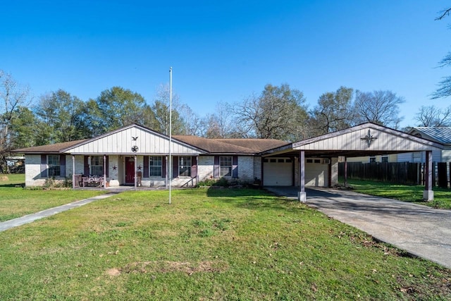 single story home featuring a carport, a front lawn, covered porch, and a garage