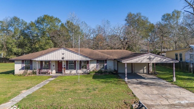 ranch-style house with a porch, a garage, and a front lawn