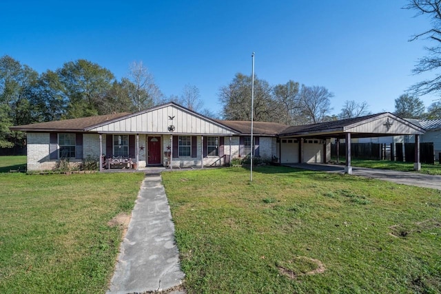 ranch-style home featuring a garage, a porch, and a front yard